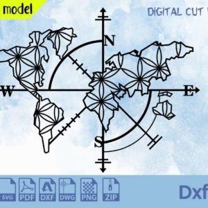 World Map Compass Laser Cut File: SVG, DXF, CNC (Digital Download)